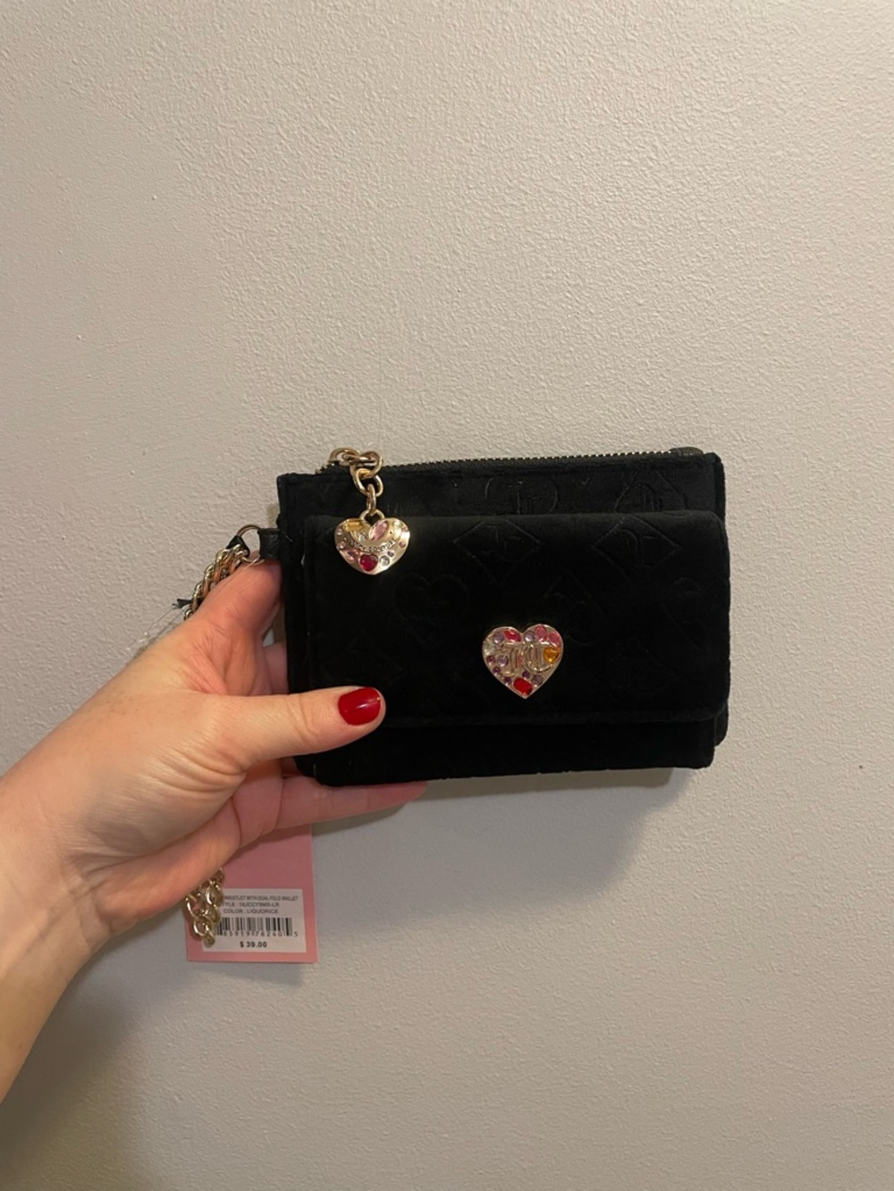 Juicy Couture Black Velvet Heart Charm Mini Wallet Crossbody